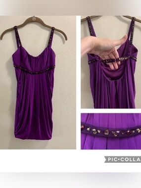 BCBG MaxAzria Purple Prom Dress-Open Back Jeweled Straps-Size 0 Bubble Hem